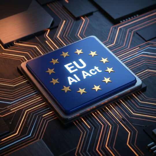 EU AI Act text on microchip with European stars and glowing circuits. Concept of technology regulation and digital policy.